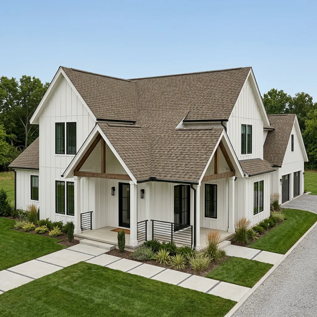 Modern Farmhouse home with Brown roof -- IKO Cambridge Beachwood (left-34)