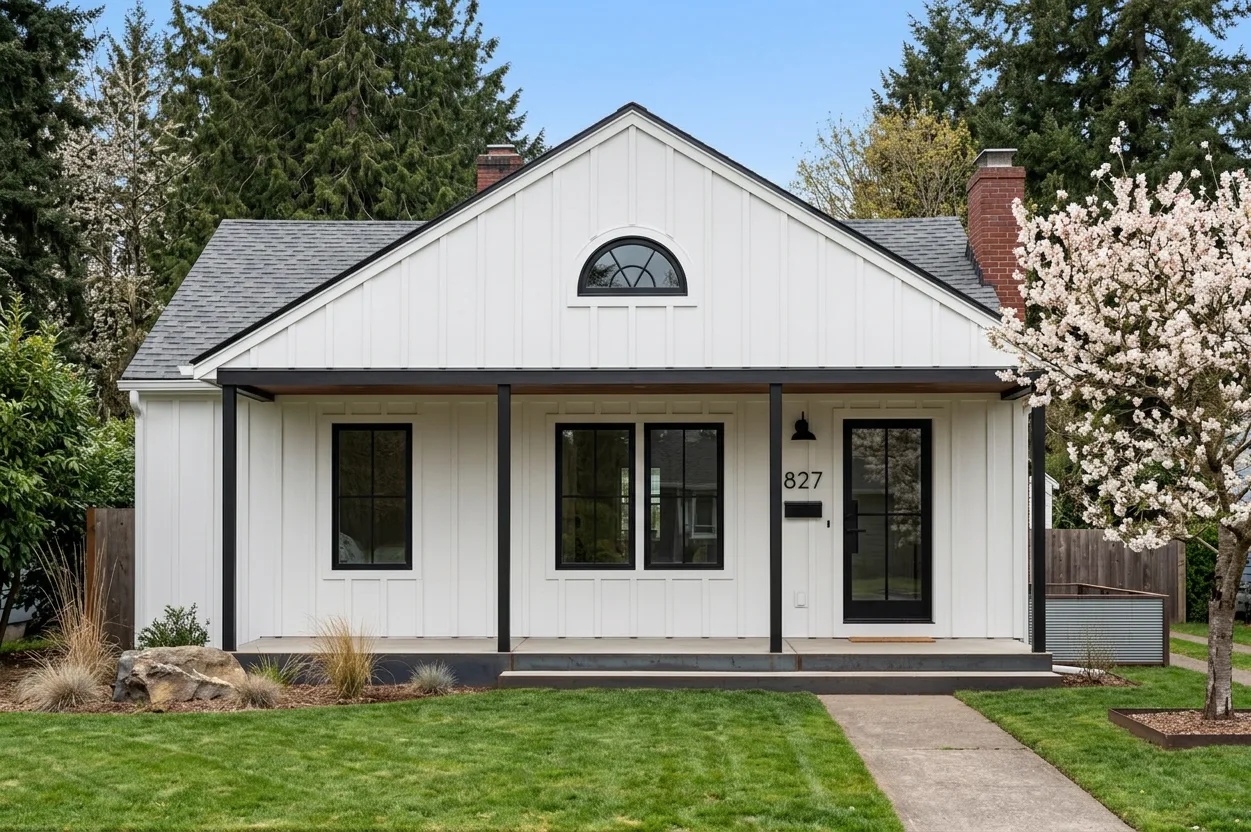 Modern Farmhouse home with Charcoal roof -- Malarkey Legacy Midnight Black (front)