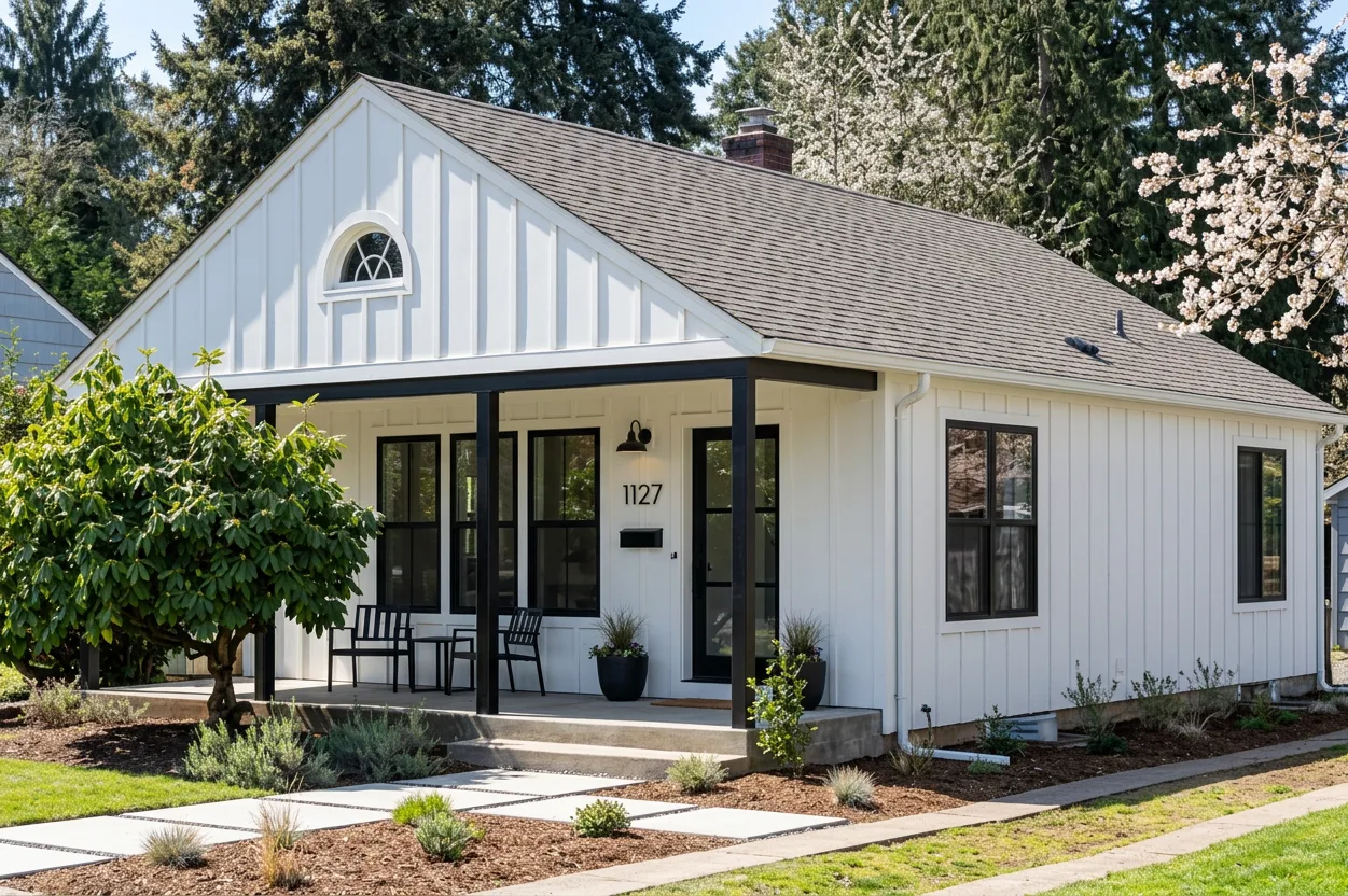 Modern Farmhouse home with Charcoal roof -- Malarkey Legacy Midnight Black (right-34)