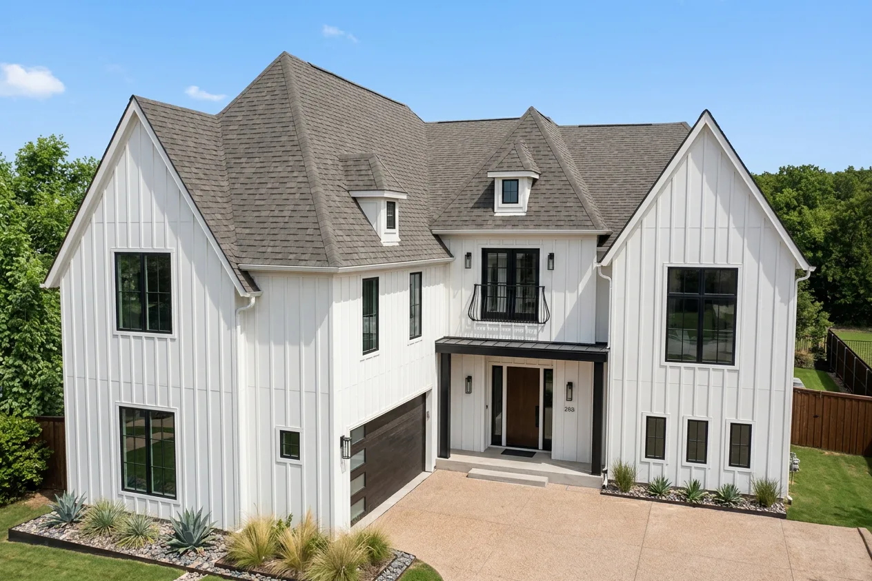 Modern Farmhouse home with Weathered Wood roof -- Malarkey Legacy Weathered Wood (left-34)