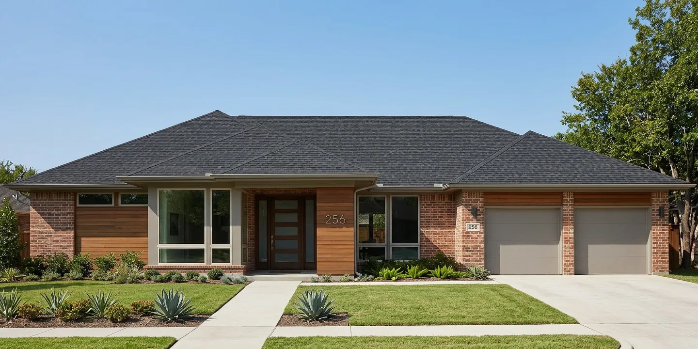 Ranch home with Black roof -- TAMKO Heritage Rustic Black (front)