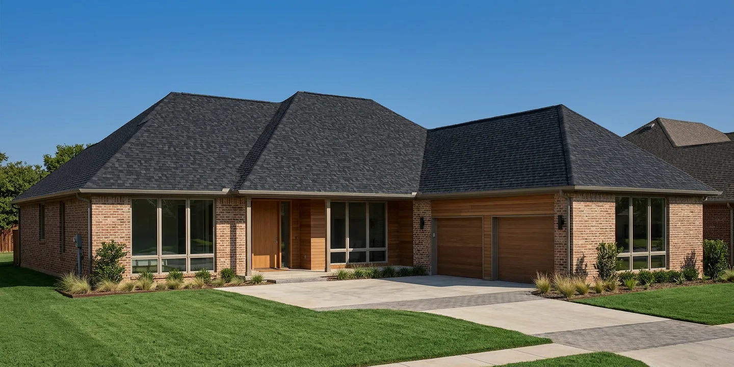 Ranch home with Black roof -- TAMKO Heritage Rustic Black (left-34)