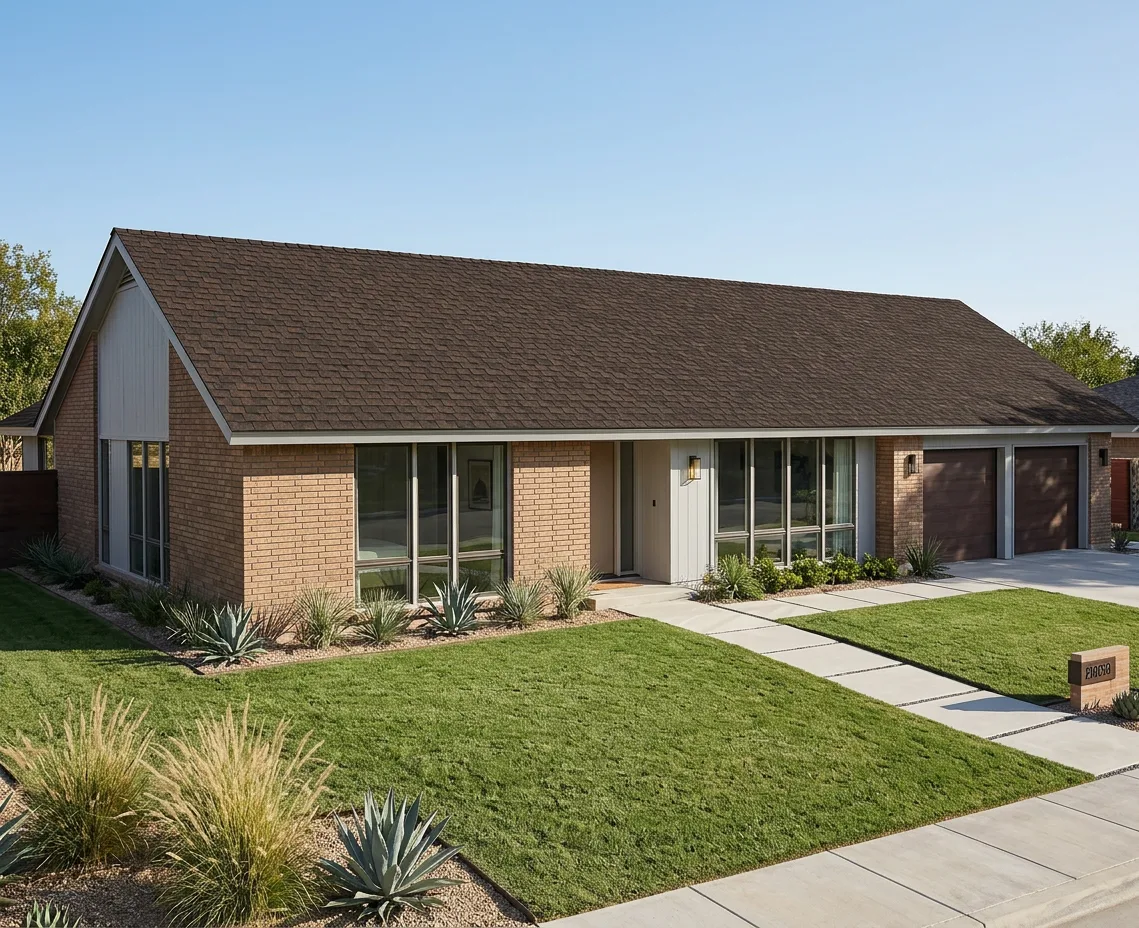 Ranch home with Brown roof -- Atlas Pinnacle Pristine BURNT HICKORY (left-34)