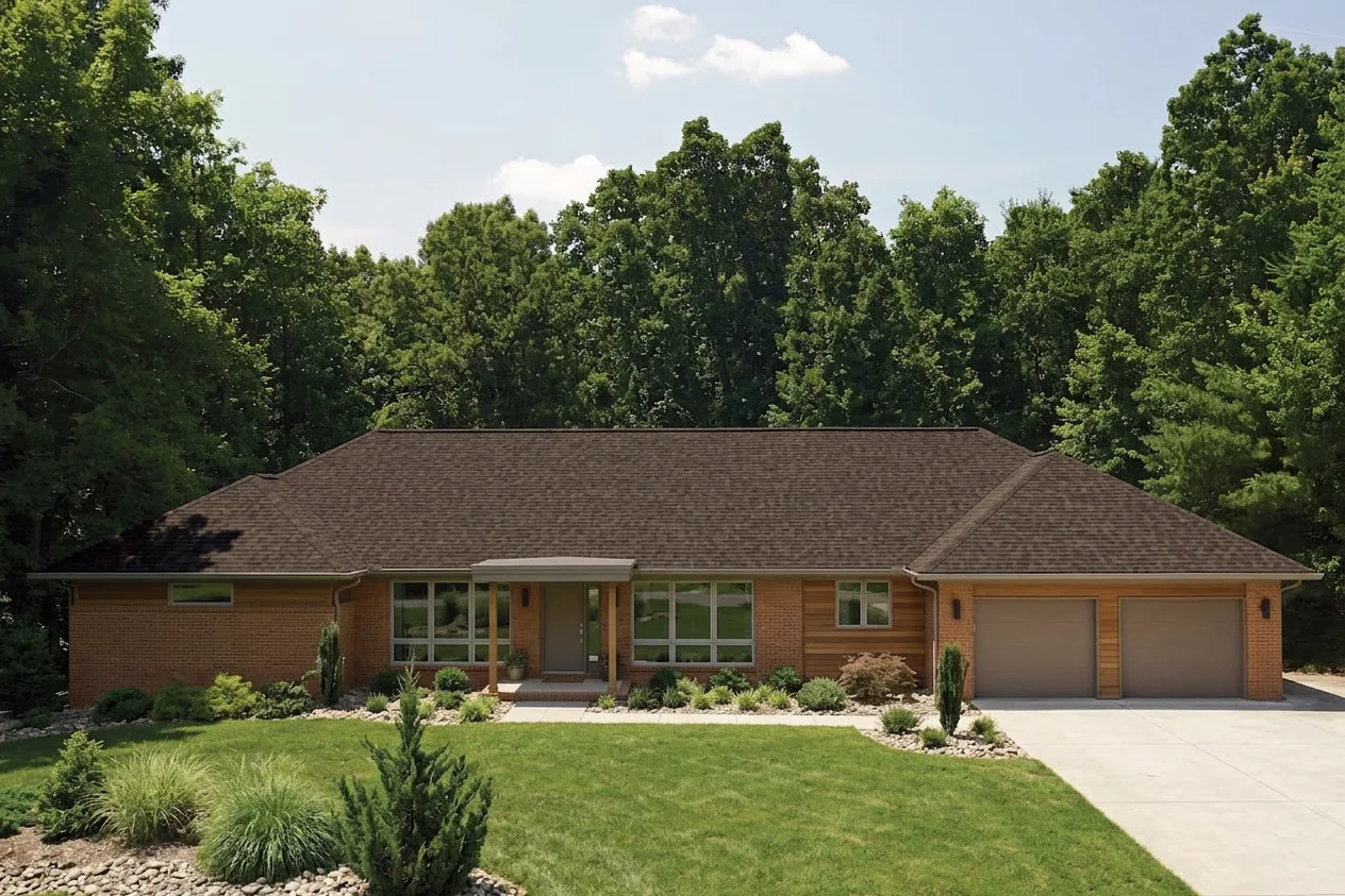 Ranch home with Brown roof -- CertainTeed Landmark Pro Max Def Heather Blend (front)