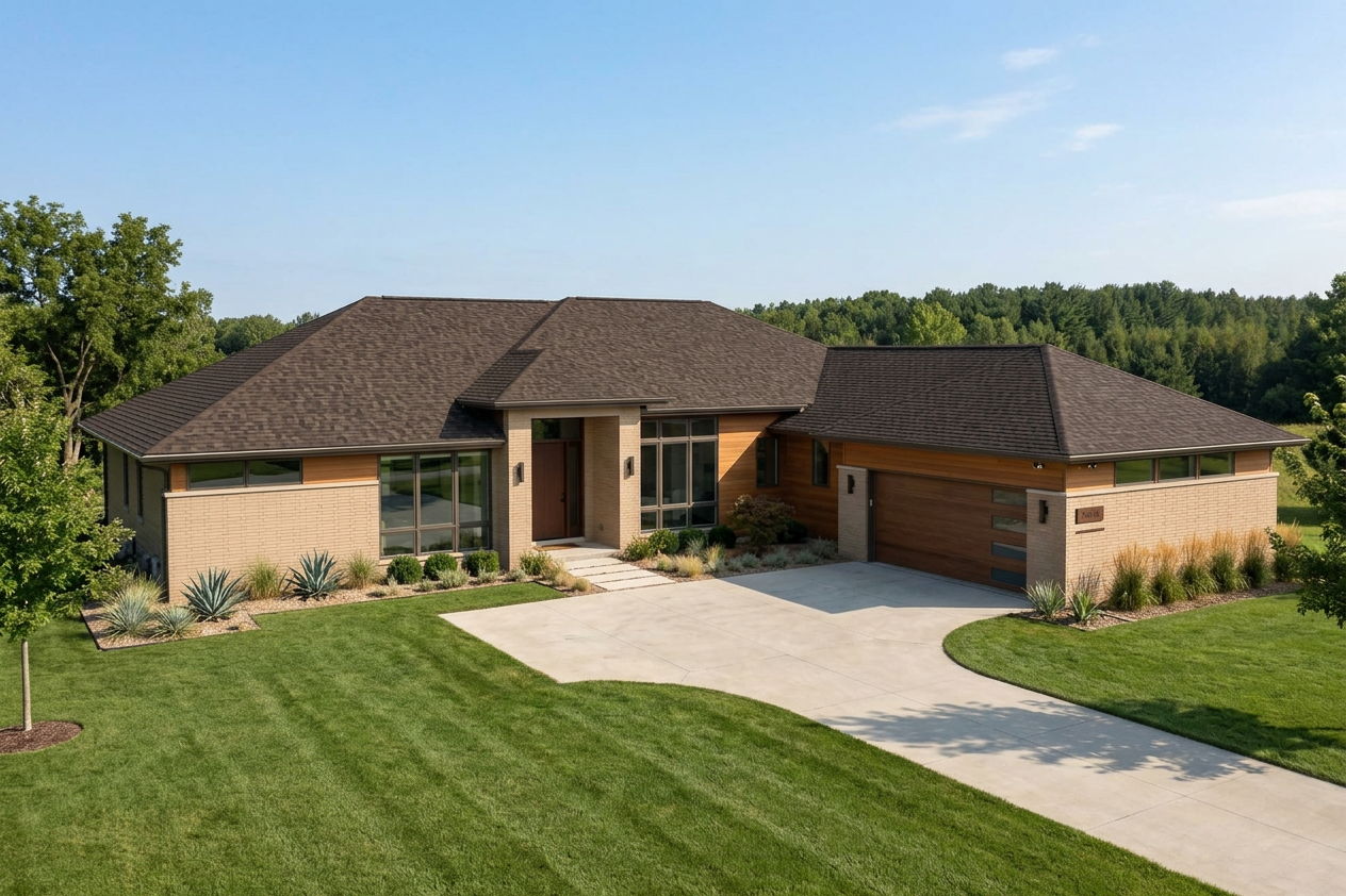 Ranch home with Brown roof -- IKO Dynasty Shadow Brown (right-34)
