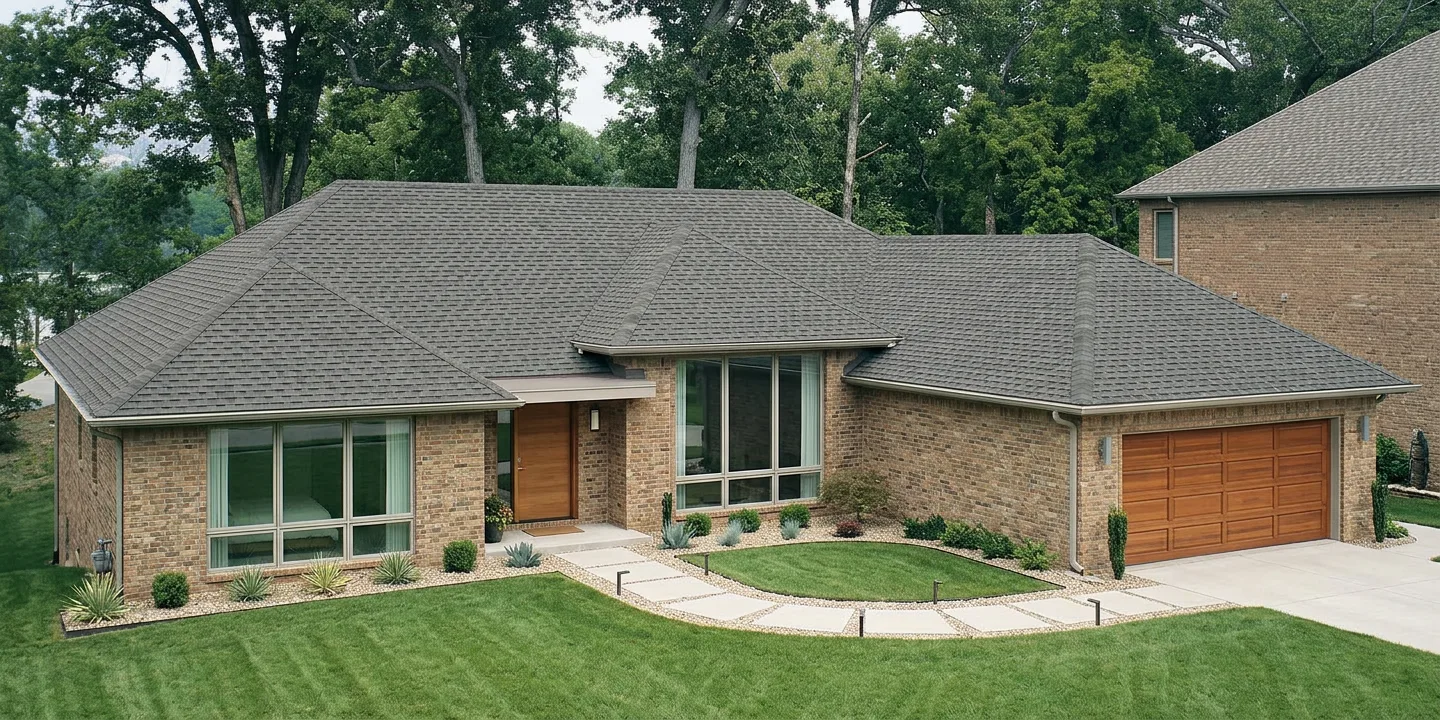 Ranch home with Charcoal roof -- TAMKO Heritage Virginia Slate (right-34)