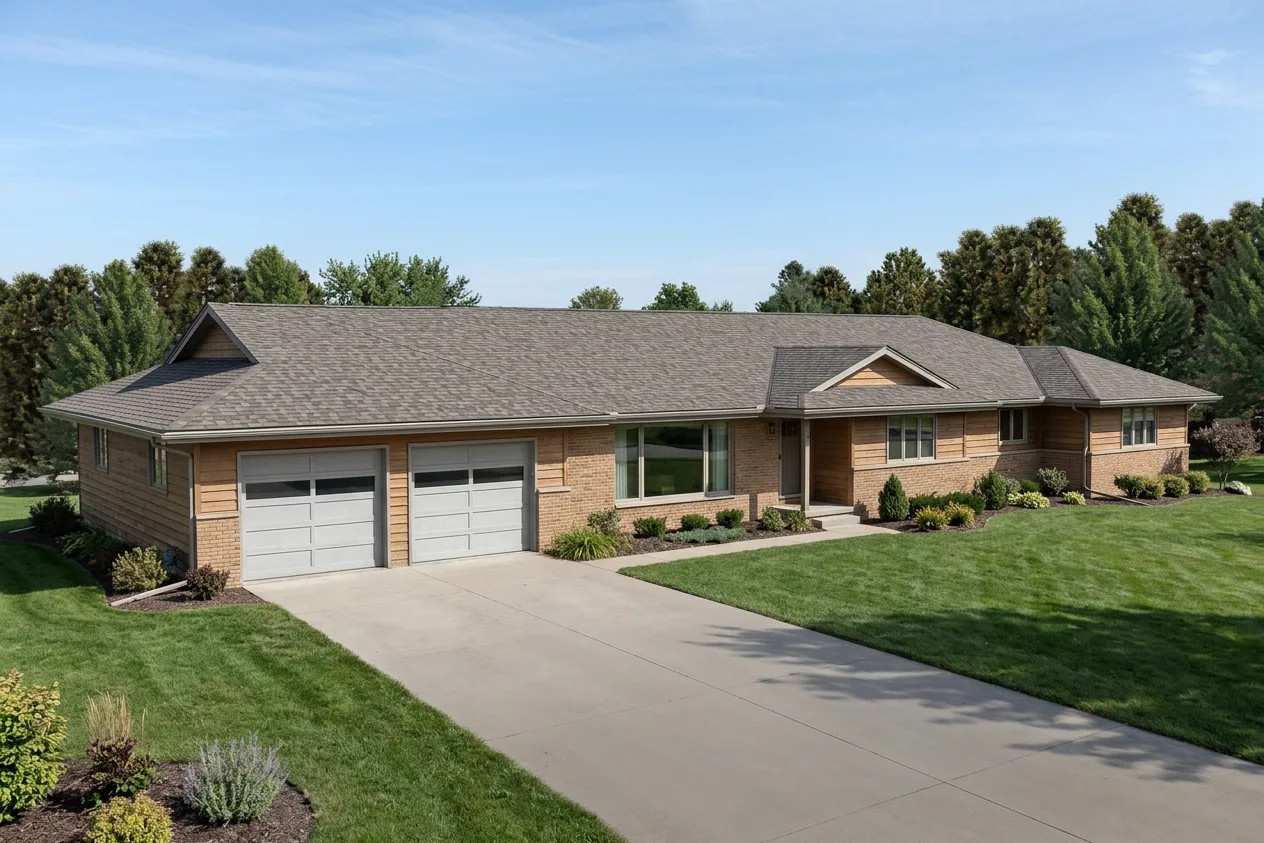 Ranch home with Weathered Wood roof -- Malarkey Vista Natural Wood (right-34)