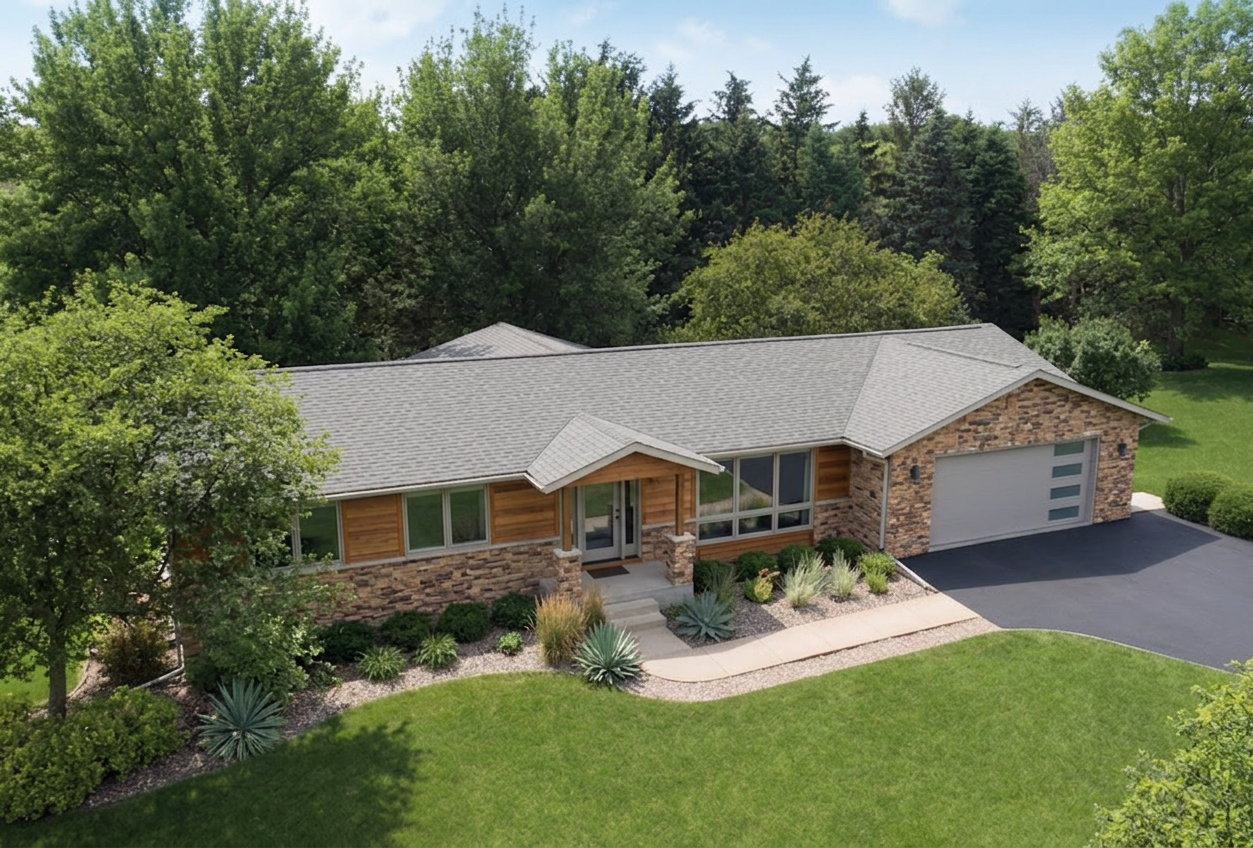 Ranch home with Weathered Wood roof -- Malarkey Vista Weathered Wood (right-34)