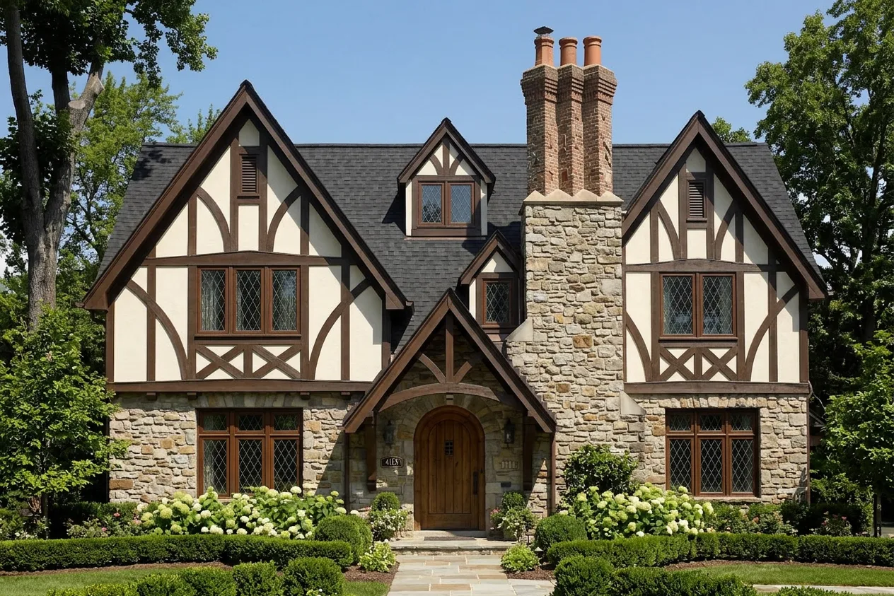 Tudor home with Black roof -- CertainTeed Landmark Charcoal Black (front)