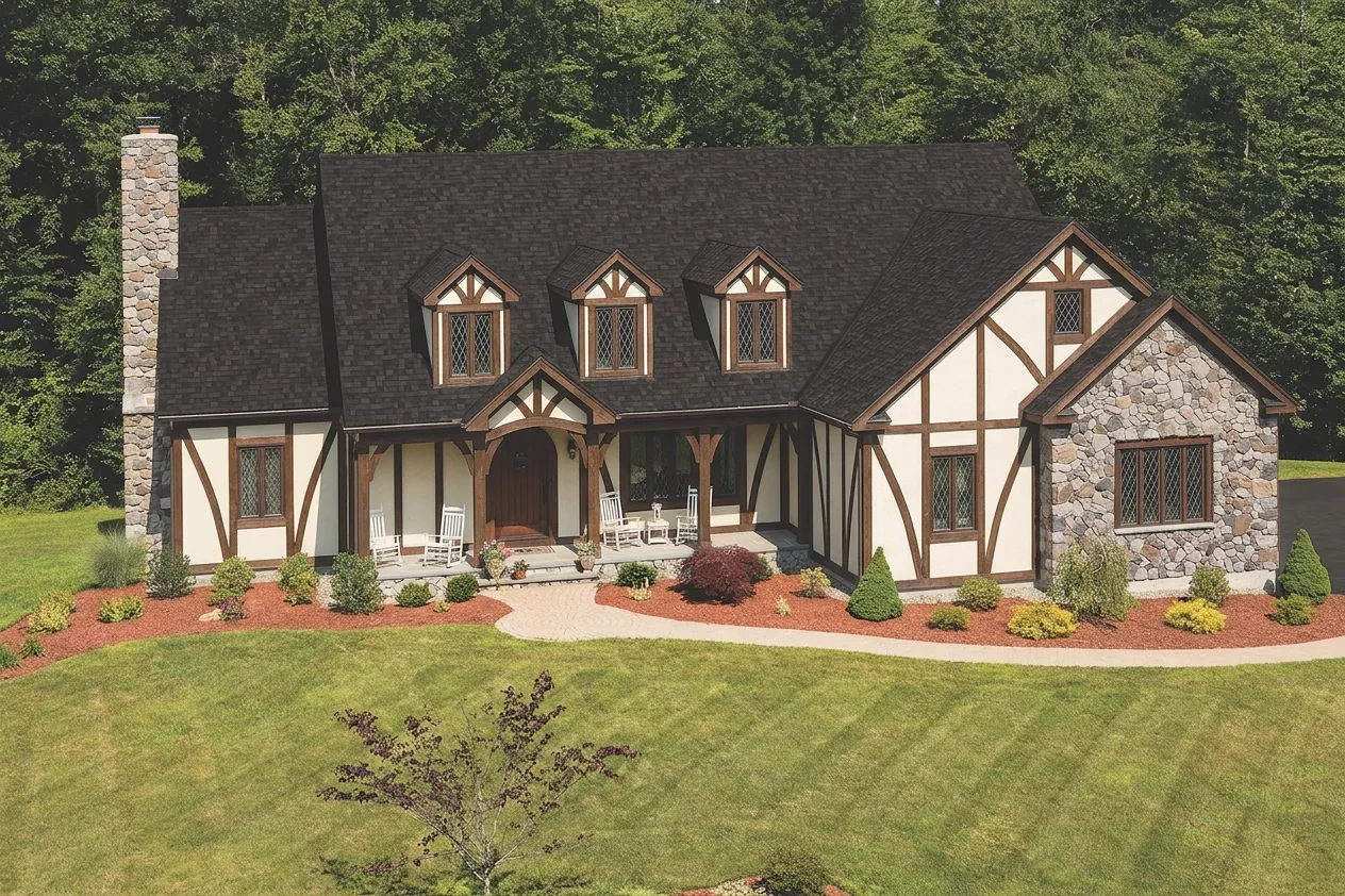 Tudor home with Black roof -- IKO Cambridge Dual Black (front)