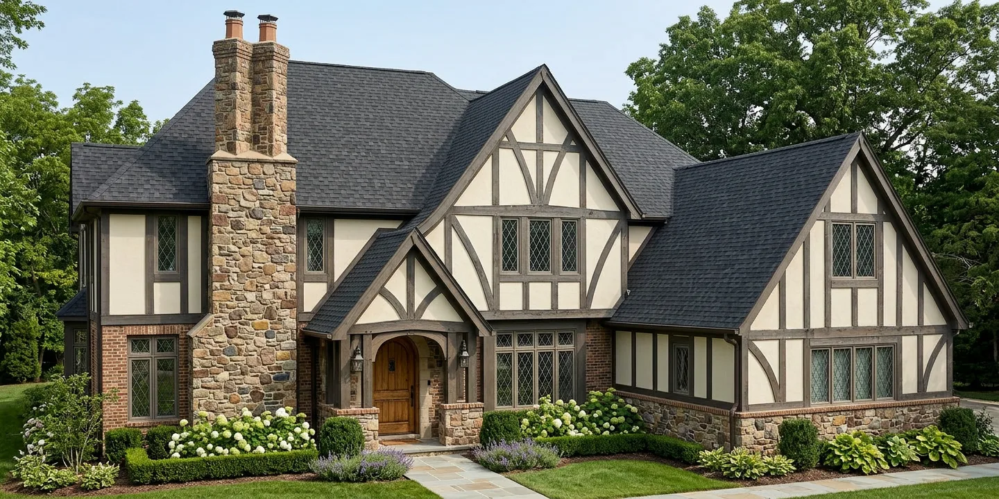 Tudor home with Black roof -- TAMKO Heritage Rustic Black (left-34)