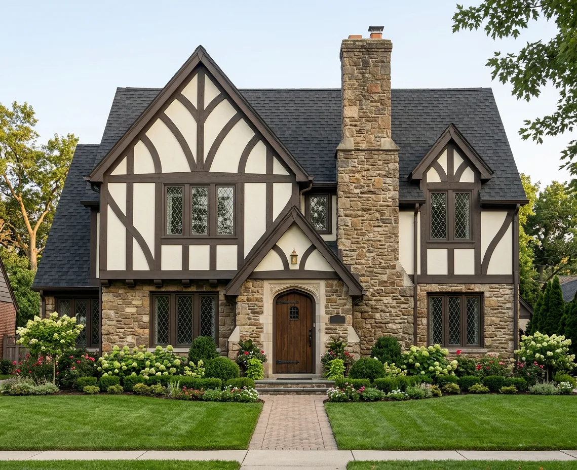 Tudor home with Charcoal roof -- Atlas Pinnacle Pristine BLACK SHADOW (front)