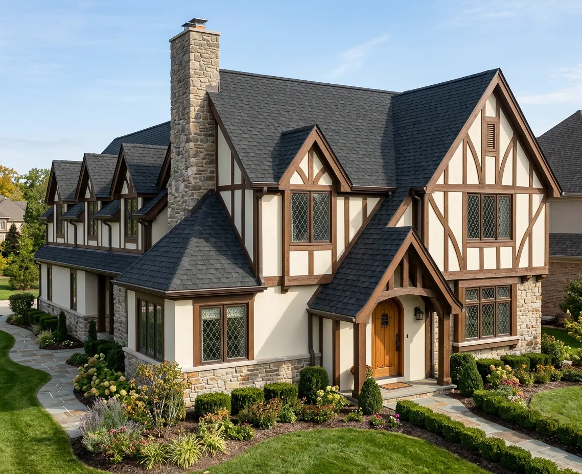 Tudor home with Charcoal roof -- Atlas Pinnacle Pristine BLACK SHADOW (left-34)