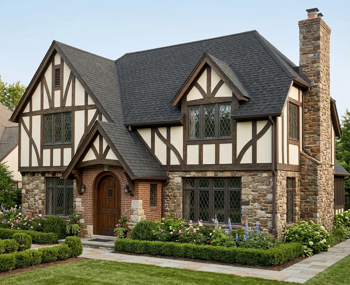 Tudor home with Charcoal roof -- Atlas Pinnacle Pristine BLACK SHADOW (right-34)