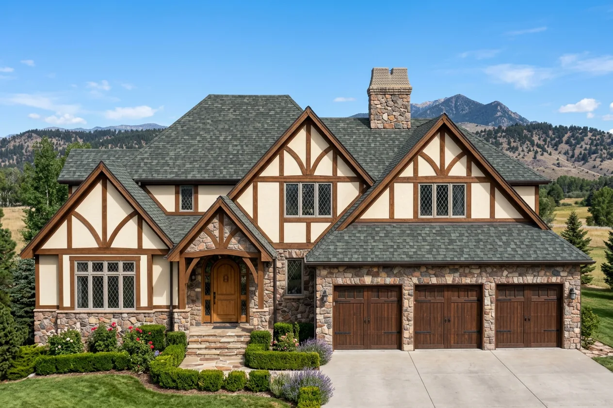 Tudor home with Charcoal roof -- Malarkey Legacy Storm Grey (front)