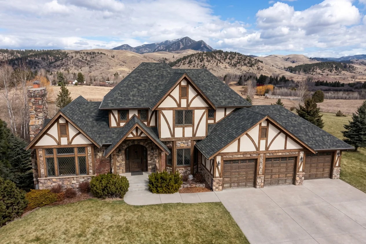 Tudor home with Charcoal roof -- Malarkey Legacy Storm Grey (left-34)