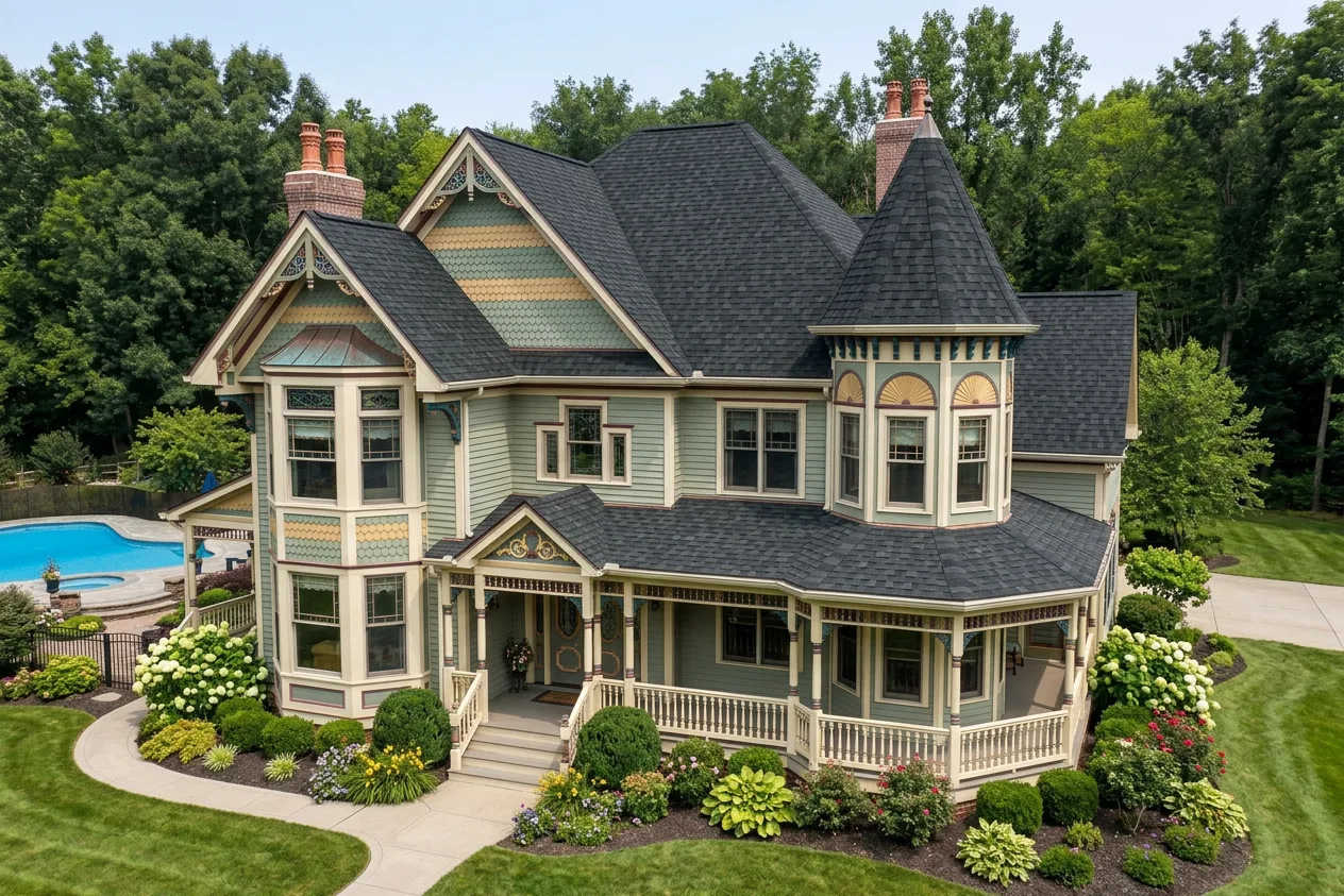 Victorian home with Black roof -- IKO Dynasty Granite Black (left-34)