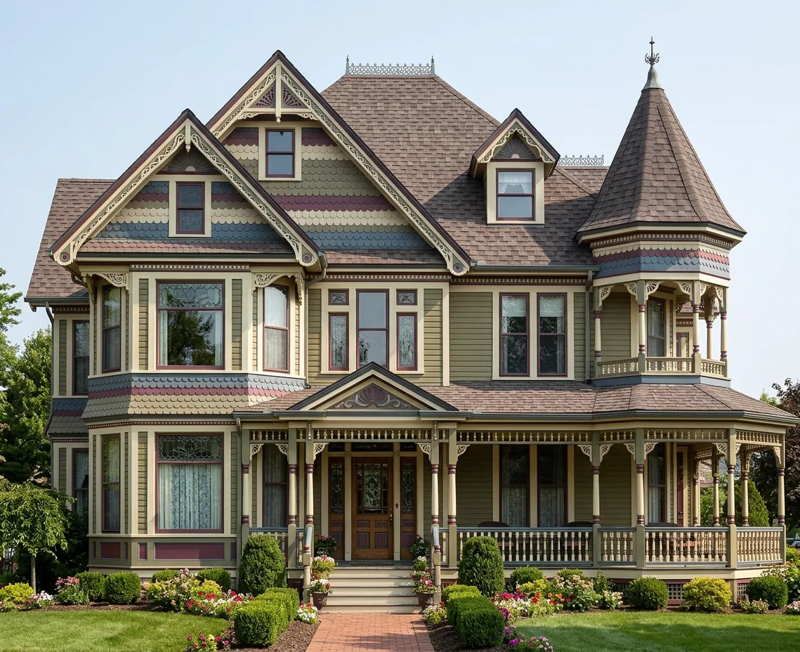 Victorian home with brown roof