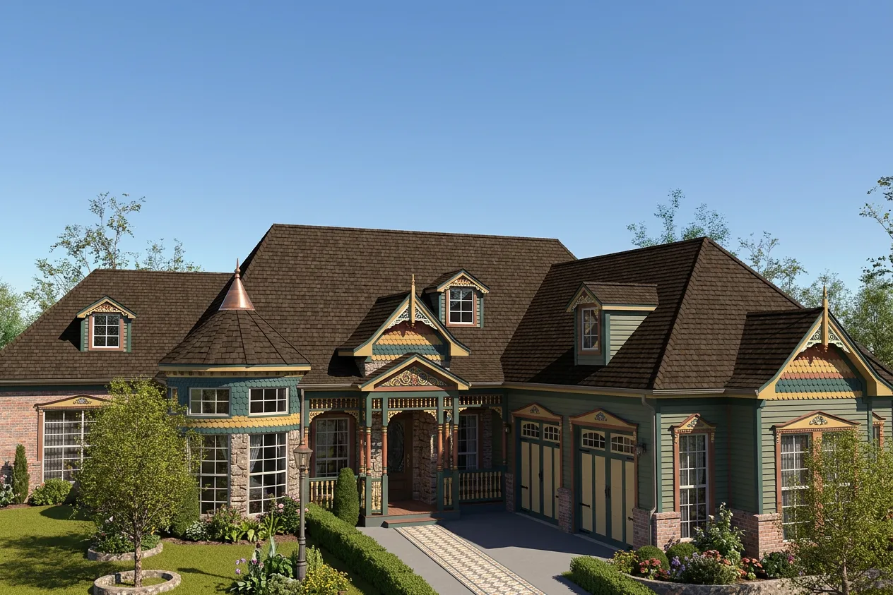 Victorian home with Brown roof -- CertainTeed Grand Manor Chestnut (front)
