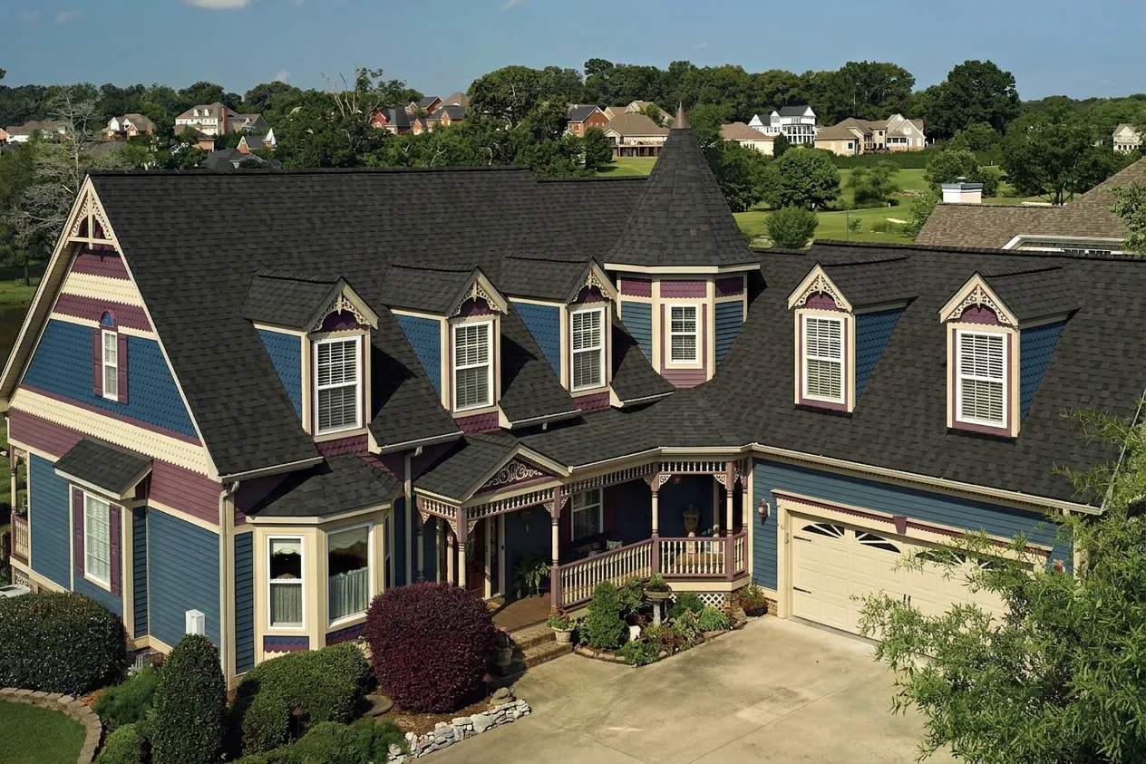Victorian home with Brown roof -- CertainTeed Landmark Pro Max Def Black Walnut (right-34)