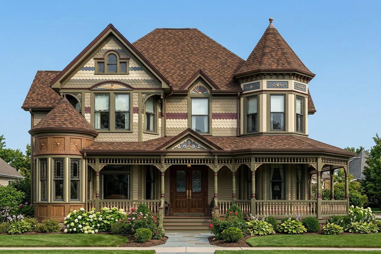 Victorian home with Brown roof -- CertainTeed Presidential Shake Aged Bark (front)
