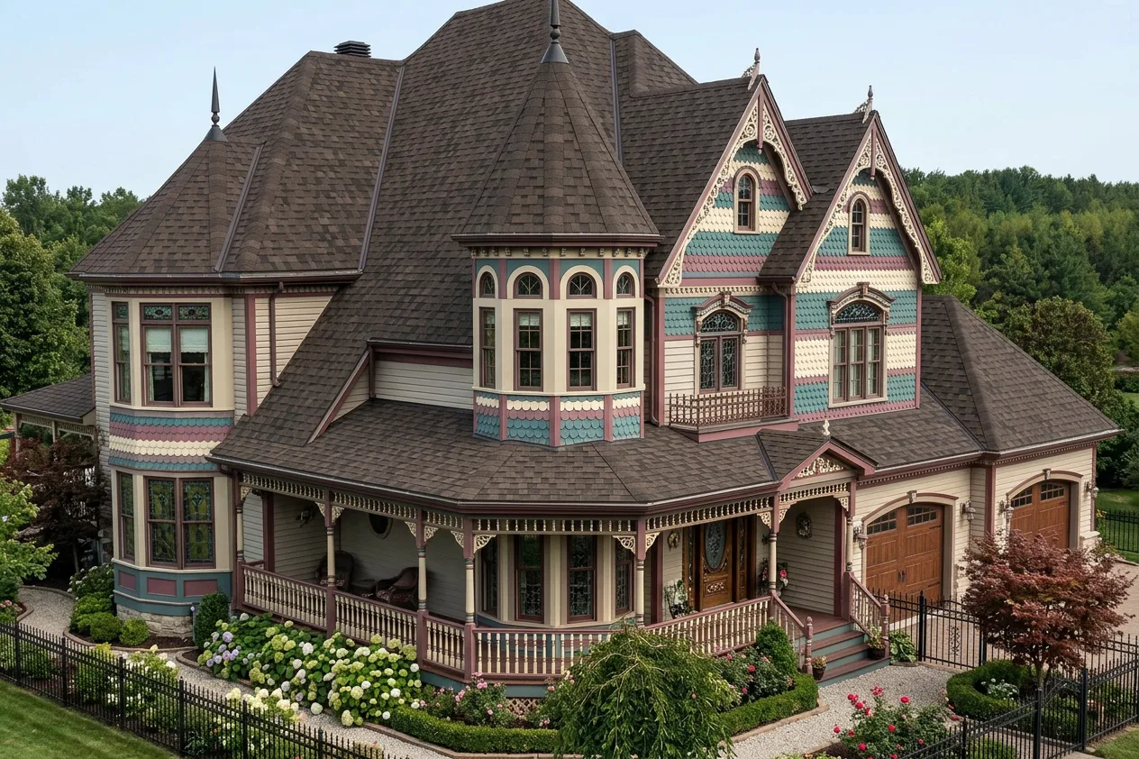 Victorian home with Brown roof -- IKO Dynasty Shadow Brown (left-34)